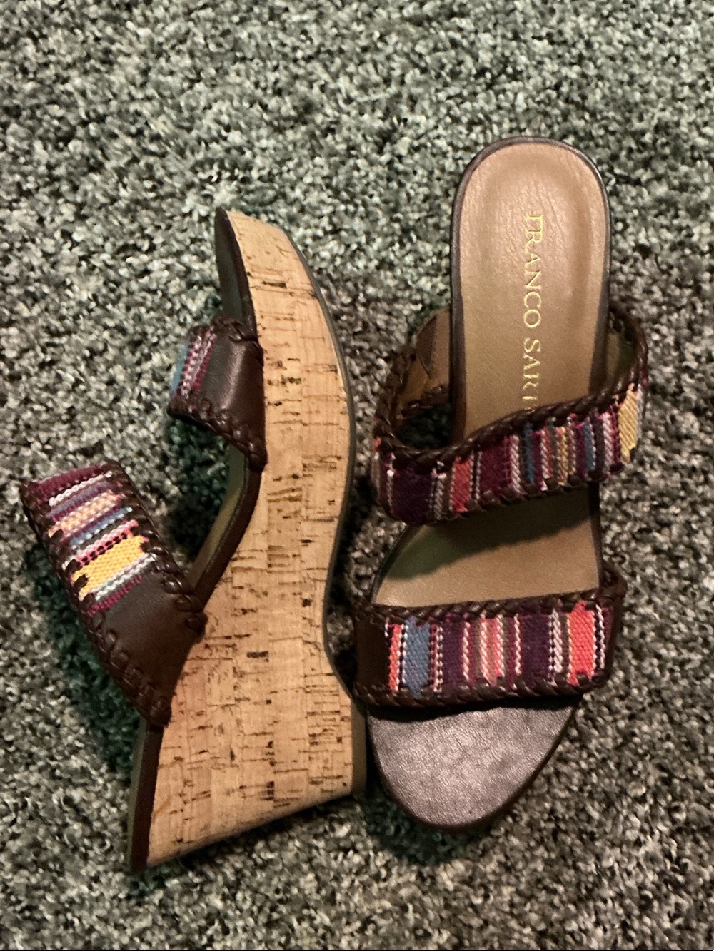 Franco Sarto Brown Cork Wedges with Multicolor Striped Straps
